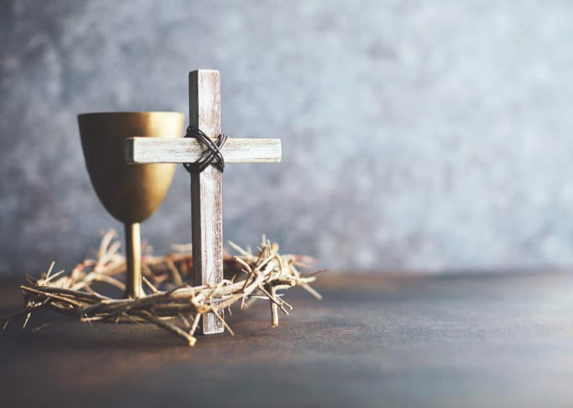 Crown of thorns with cross and chalice. Religious Easter