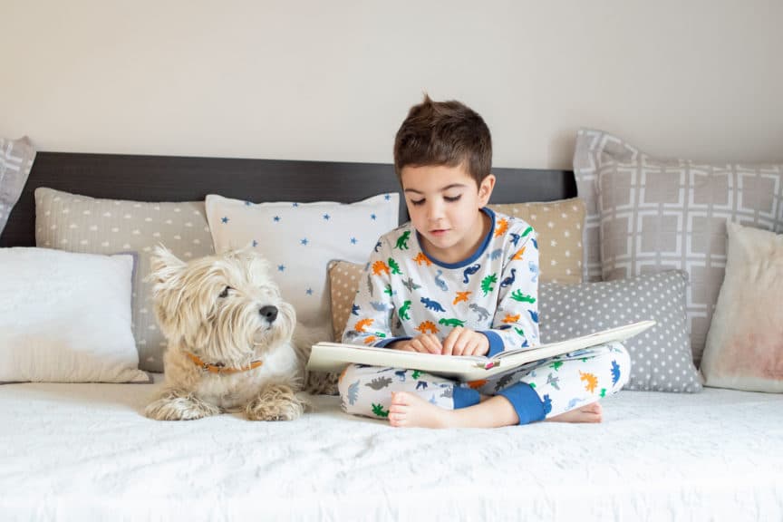 Reading book to his westy dog puppy