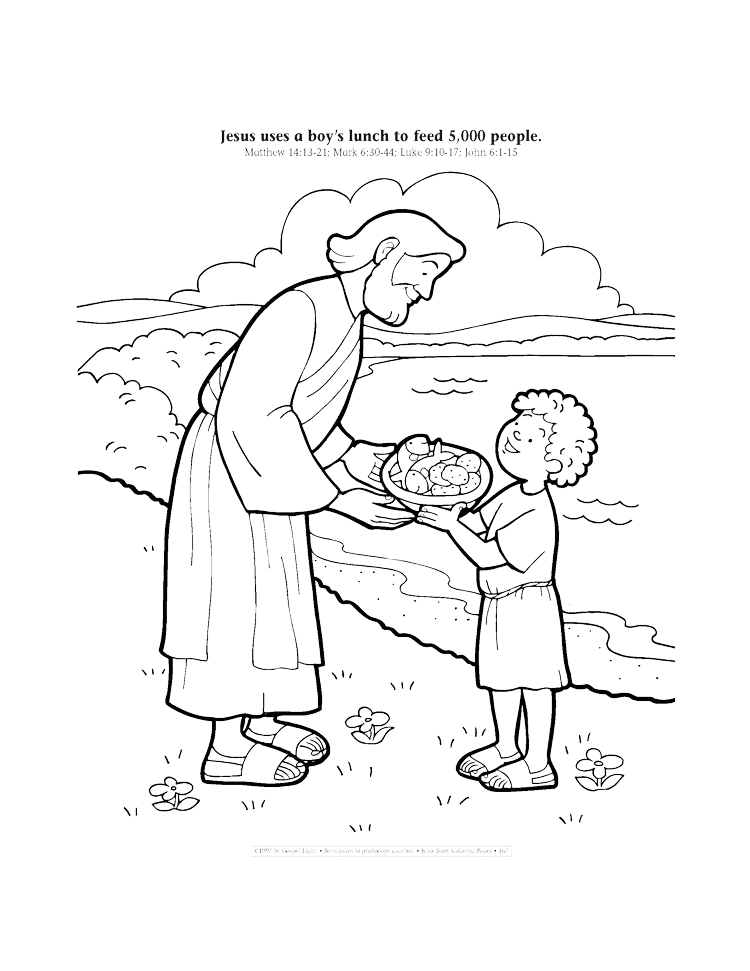 Jesus uses a boy's lunch to feed 5,000 people coloring page