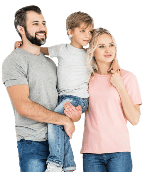 Smiling man, woman, and child